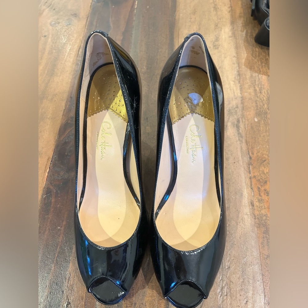 Cole Haan Black Patent Leather Peep-Toe Heels